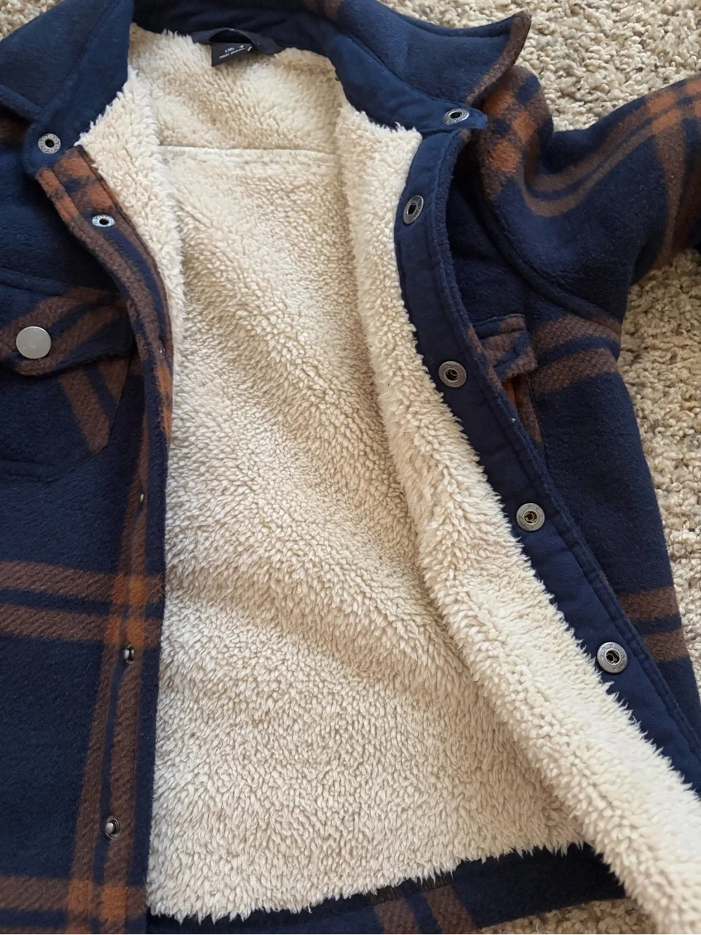 Kids Navy and Brown Plaid Sherpa-Lined Jacket
